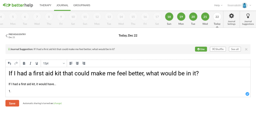 betterhelp journal dashboard